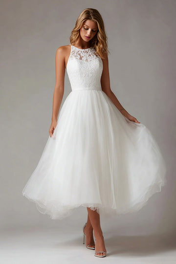 White A Line Lace Midi Courthouse Wedding Dress